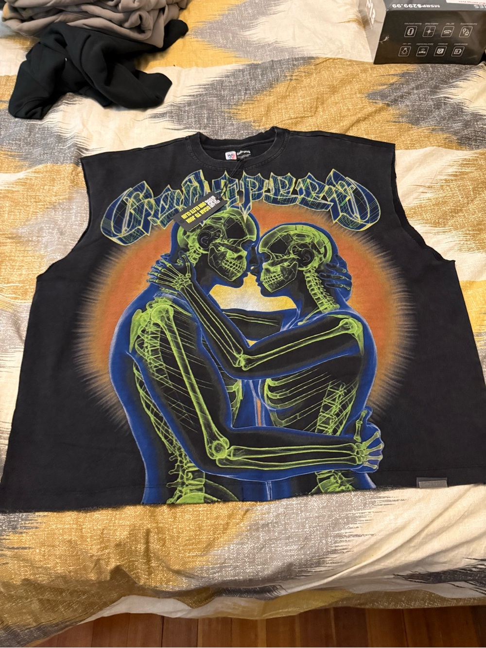 Godspeed Sleeveless Black Grateful Dead Graphic Tank Top with Neon Skeletons